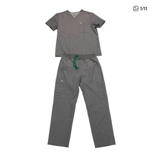 Figs Gray Scrub Top with Green Accent